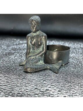 Bronze Mermaid Figurine Attached Circular Holder Antique Decor Piece Nautical VT